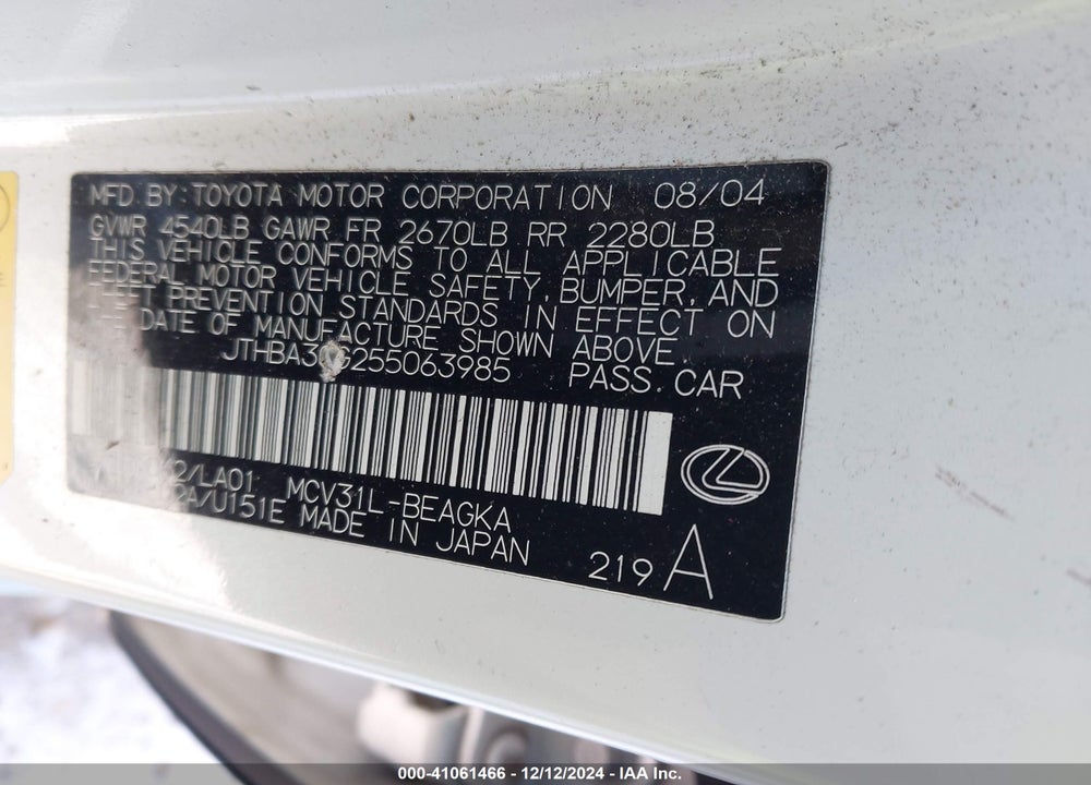 2005 LEXUS ES 330 VIN: JTHBA30G255063985