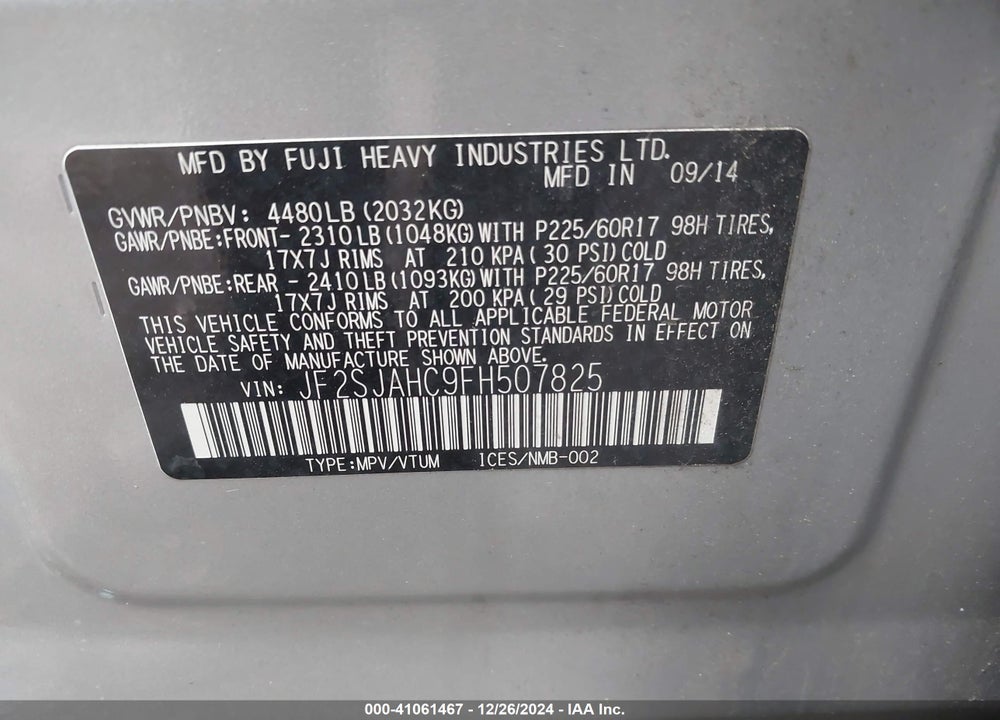 2015 SUBARU FORESTER 2.5I LIMITED VIN: JF2SJAHC9FH507825