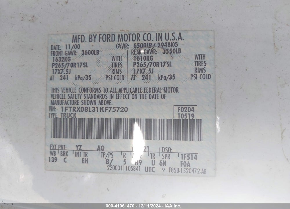 2001 FORD F-150 LARIAT/XL/XLT VIN: 1FTRX08L31KF75720