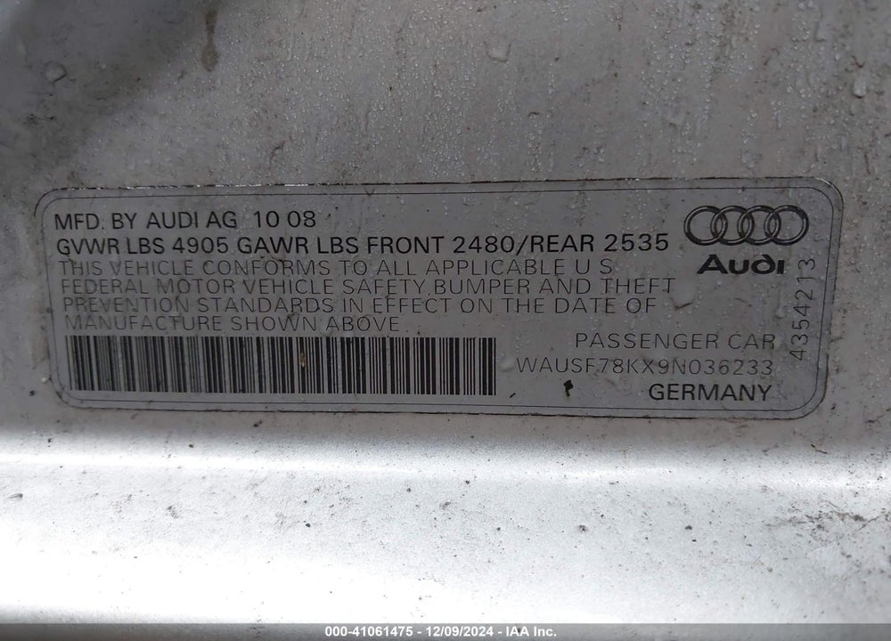 2009 AUDI A4 2.0T PREMIUM VIN: WAUSF78KX9N036233
