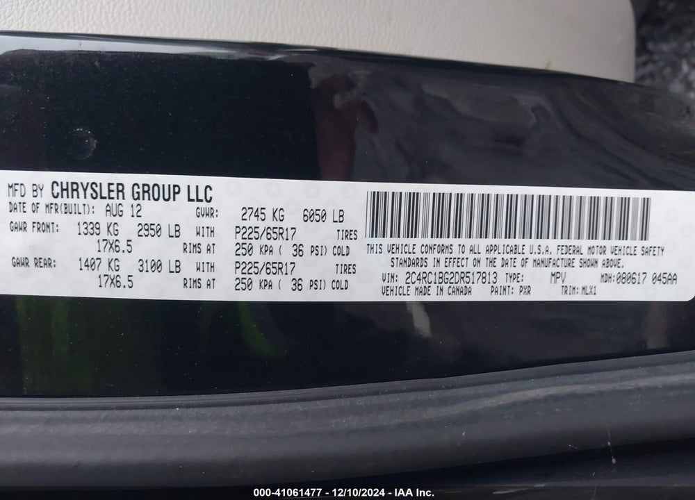 2013 CHRYSLER TOWN & COUNTRY TOURING VIN: 2C4RC1BG2DR517813