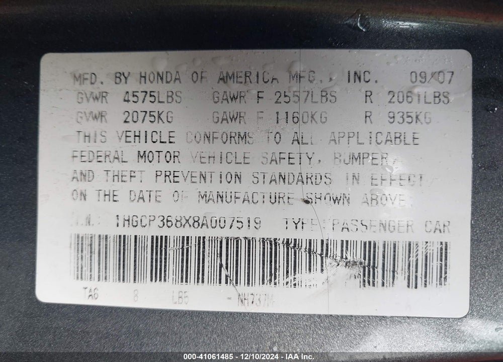 2008 HONDA ACCORD 3.5 EX-L VIN: 1HGCP368X8A007519