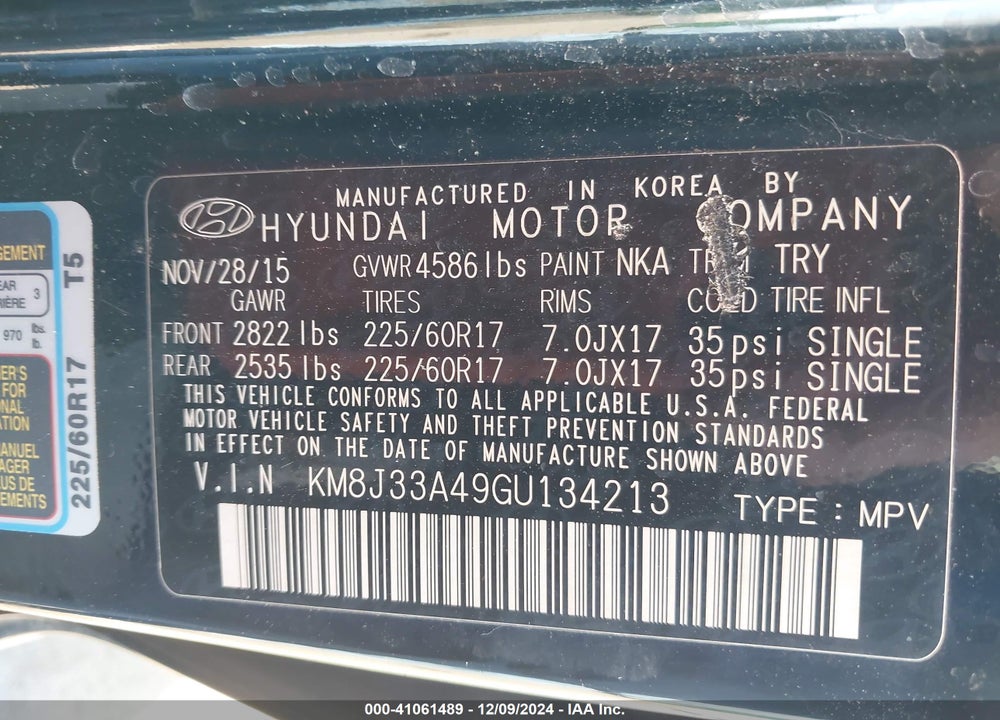 2016 HYUNDAI TUCSON SE VIN: KM8J33A49GU134213