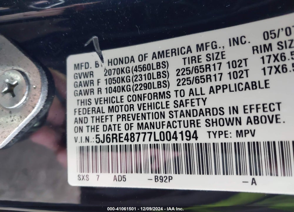 2007 HONDA CR-V EX-L VIN: 5J6RE48777L004194