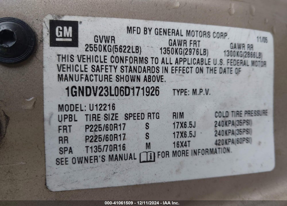2006 CHEVROLET UPLANDER LS VIN: 1GNDV23L06D171926