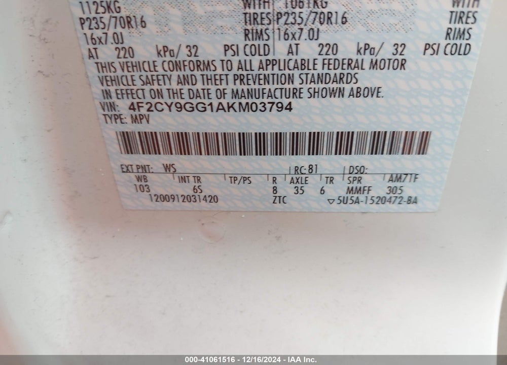 2010 MAZDA TRIBUTE S GRAND TOURING VIN: 4F2CY9GG1AKM03794