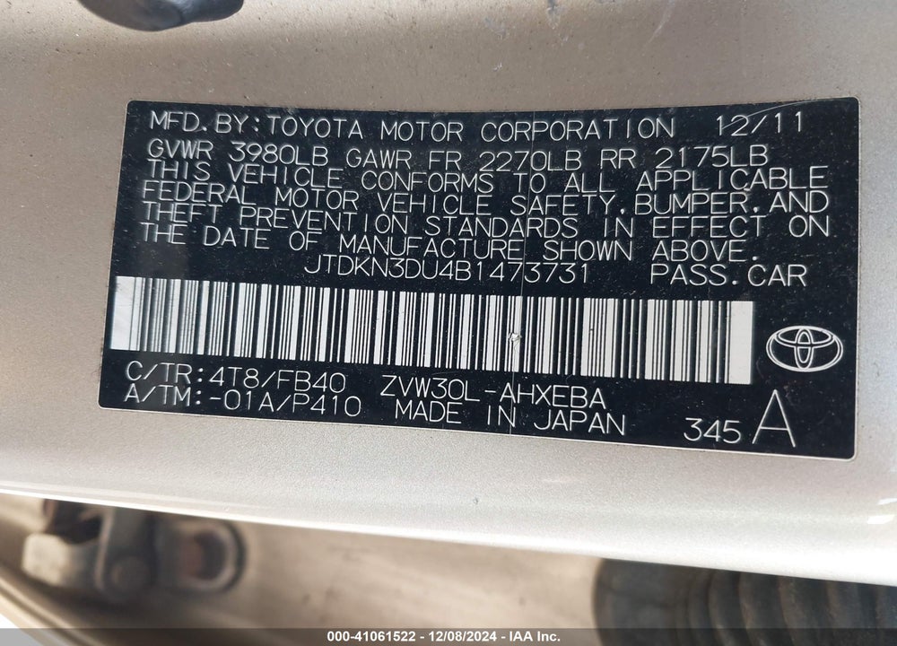 2011 TOYOTA PRIUS TWO VIN: JTDKN3DU4B1473731