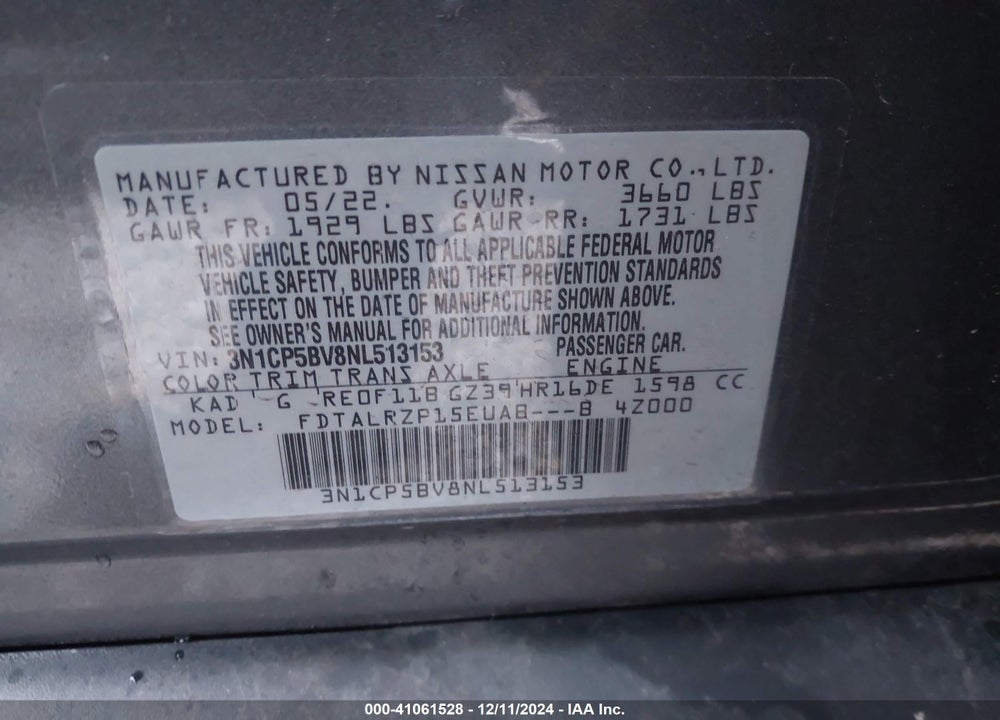 2022 NISSAN KICKS S XTRONIC CVT VIN: 3N1CP5BV8NL513153