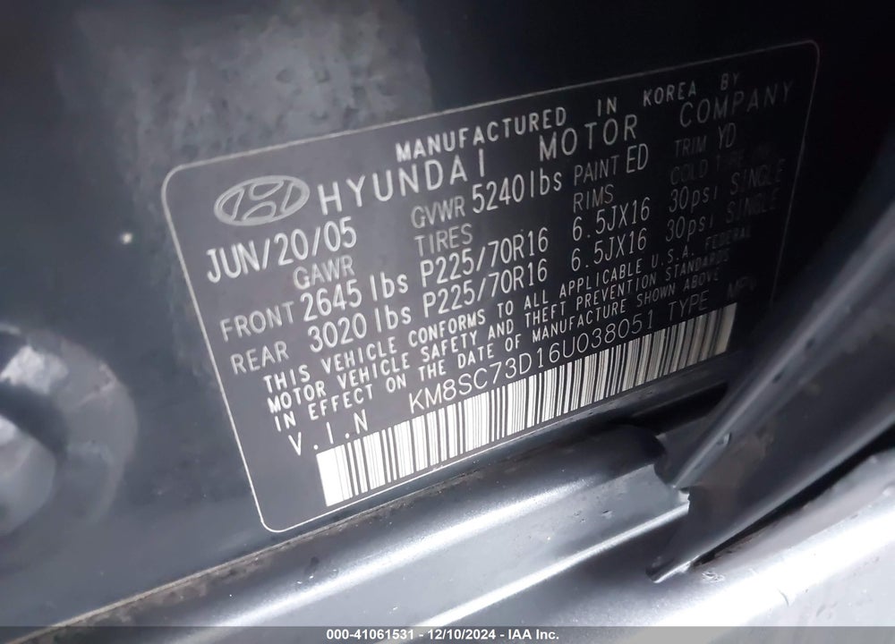 2006 HYUNDAI SANTA FE GLS VIN: KM8SC73D16U038051
