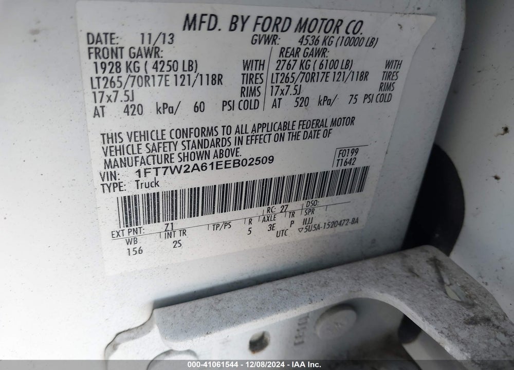 2014 FORD F-250 XLT VIN: 1FT7W2A61EEB02509