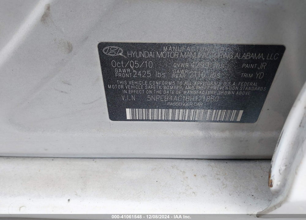 2011 HYUNDAI SONATA GLS VIN: 5NPEB4AC1BH171880