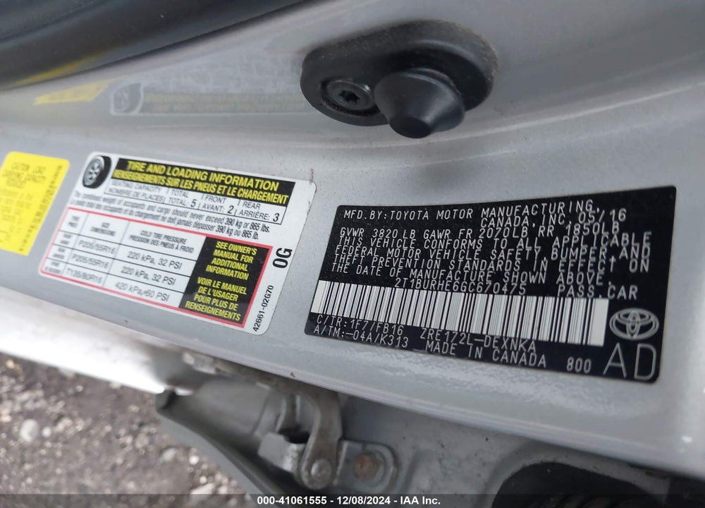 2016 TOYOTA COROLLA LE VIN: 2T1BURHE6GC670475