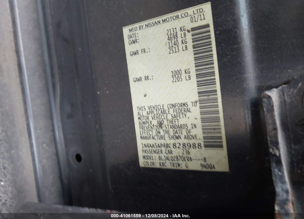 2011 NISSAN MAXIMA 3.5 S VIN: 1N4AA5AP4BC828988