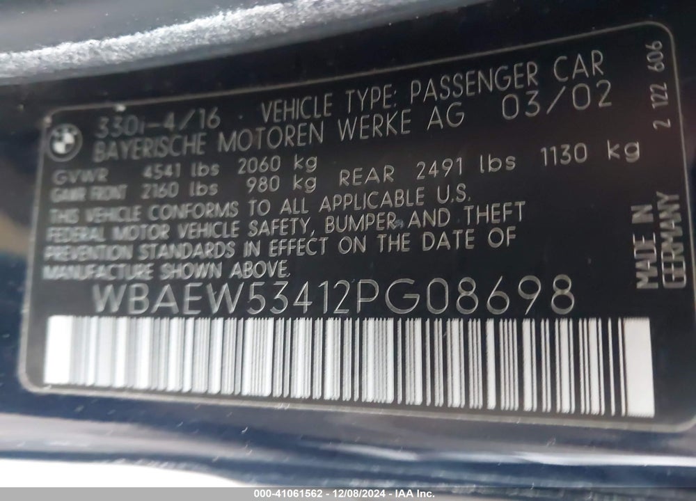 2002 BMW 330XI VIN: WBAEW53412PG08698