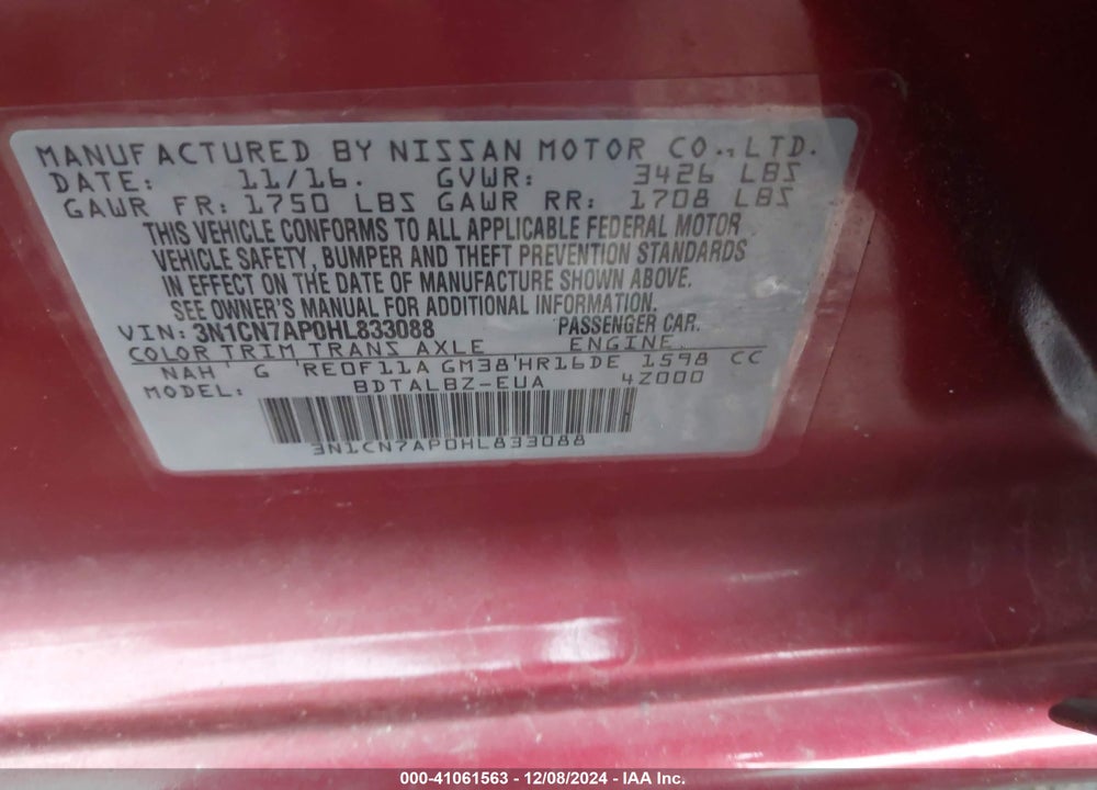 2017 NISSAN VERSA 1.6 SV VIN: 3N1CN7AP0HL833088