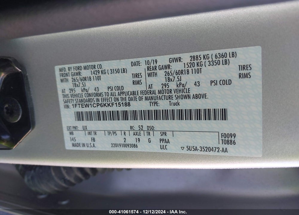 2019 FORD F-150 XLT VIN: 1FTEW1CP6KKF15188