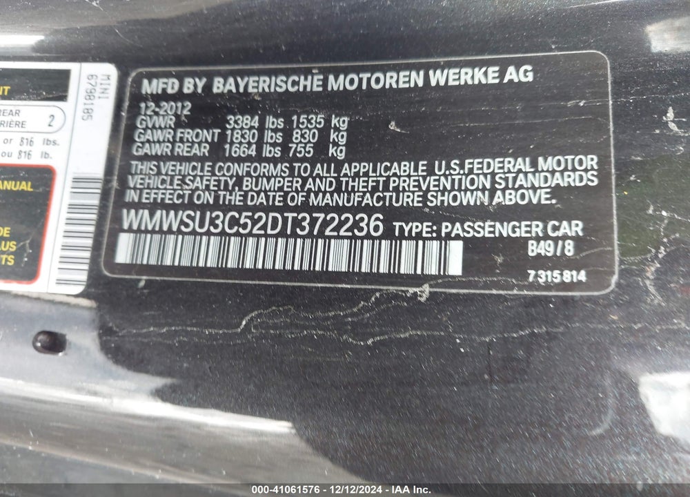 2013 MINI HARDTOP COOPER VIN: WMWSU3C52DT372236