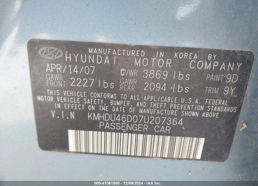 2007 HYUNDAI ELANTRA GLS/LIMITED/SE VIN: KMHDU46D07U207364