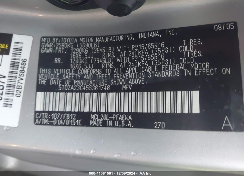 2005 TOYOTA SIENNA LE VIN: 5TDZA23C45S381748