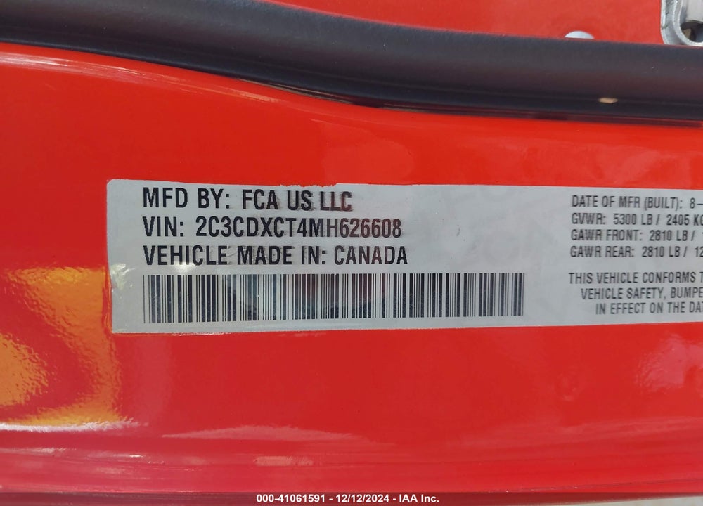2021 DODGE CHARGER R/T RWD VIN: 2C3CDXCT4MH626608