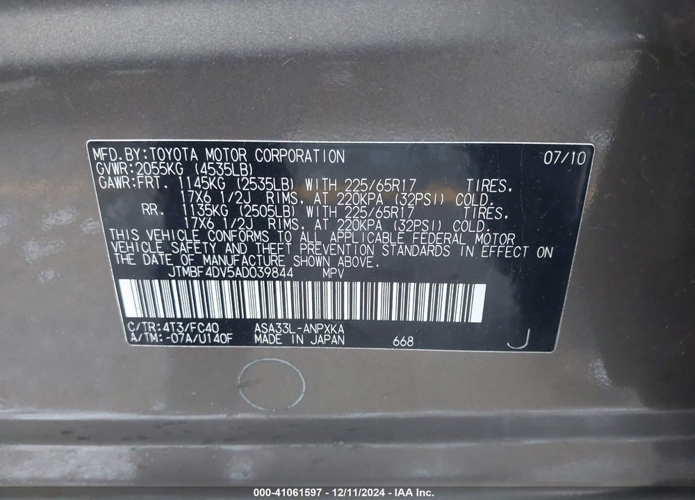 2010 TOYOTA RAV4 VIN: JTMBF4DV5AD039844
