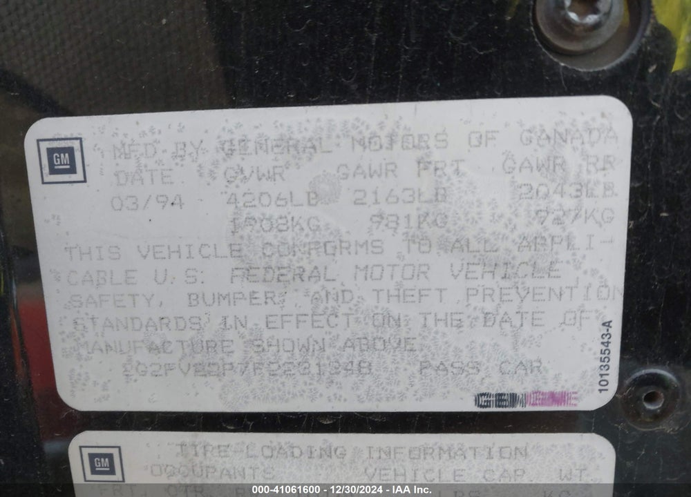 1994 PONTIAC FIREBIRD FORMULA/TRANS AM/GT VIN: 2G2FV22P7R2231348