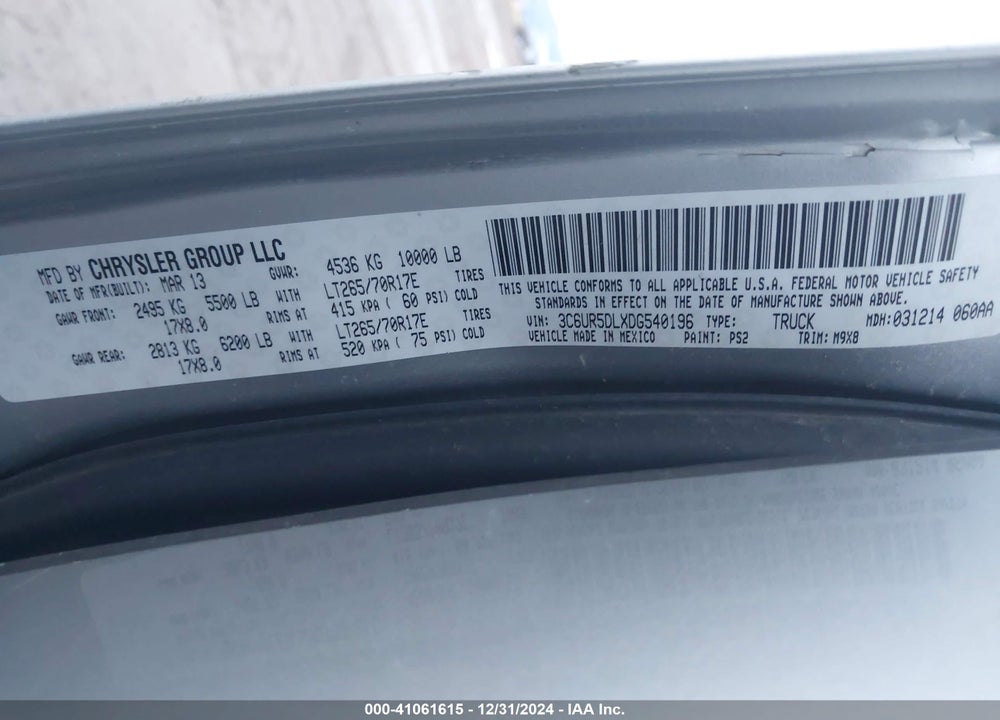 2013 RAM 2500 BIG HORN VIN: 3C6UR5DLXDG540196