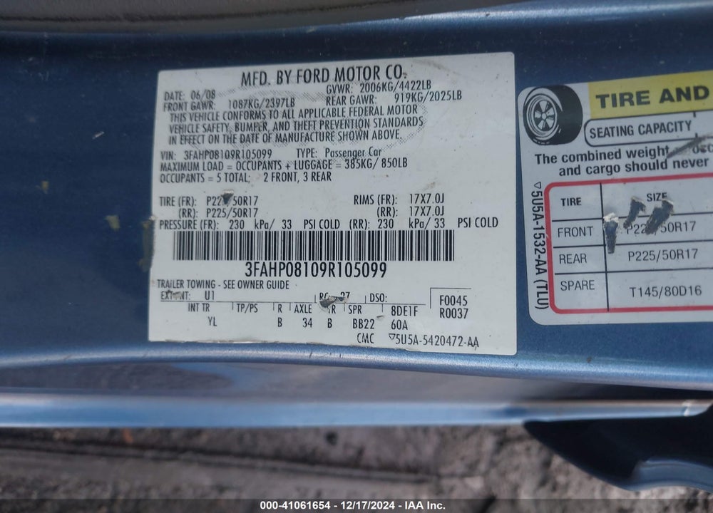 2009 FORD FUSION SEL VIN: 3FAHP08109R105099
