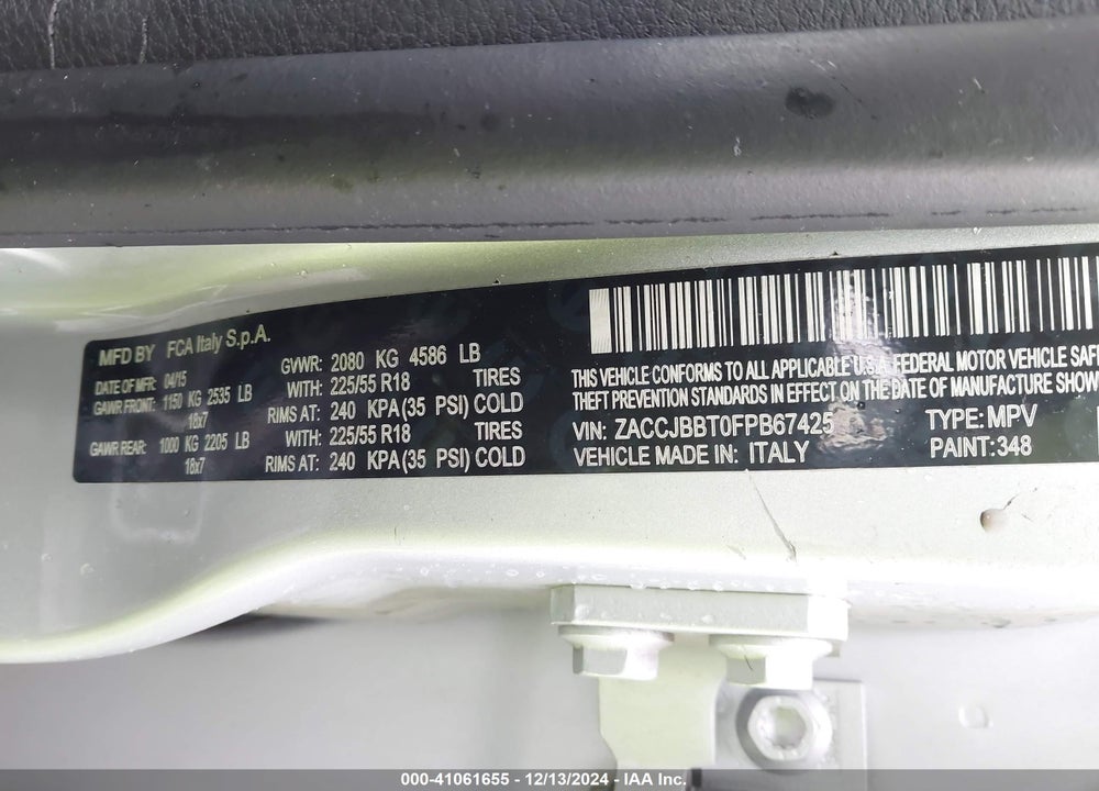 2015 JEEP RENEGADE LATITUDE VIN: ZACCJBBT0FPB67425