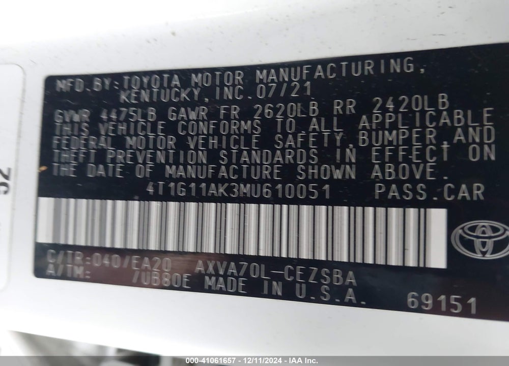 2021 TOYOTA CAMRY SE VIN: 4T1G11AK3MU610051