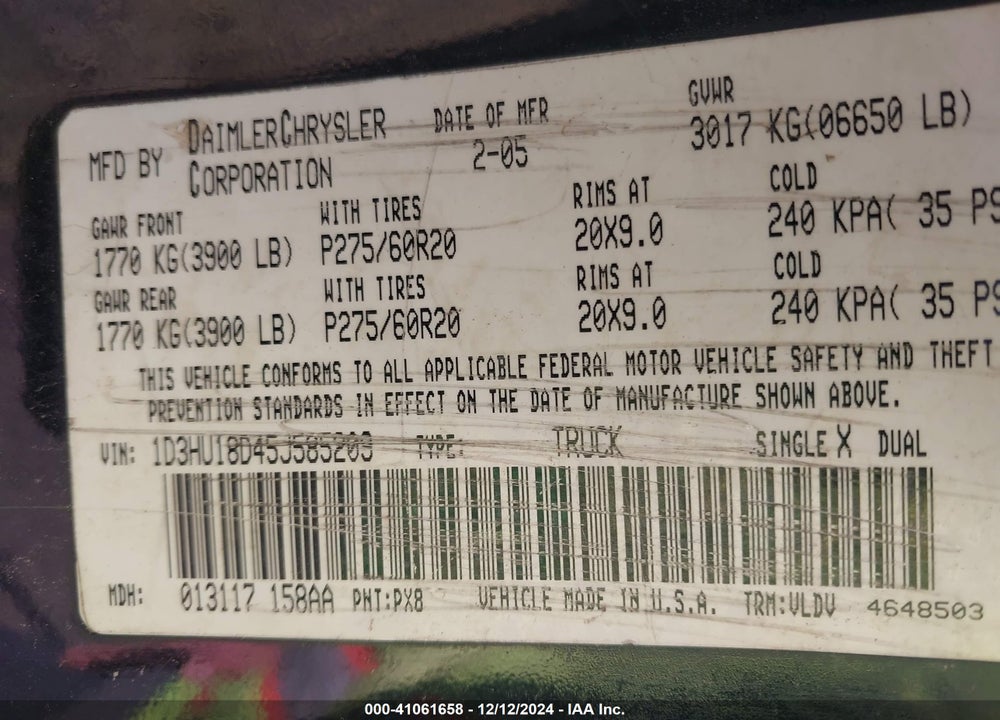 2005 DODGE RAM 1500 SLT/LARAMIE VIN: 1D3HU18D45J585209