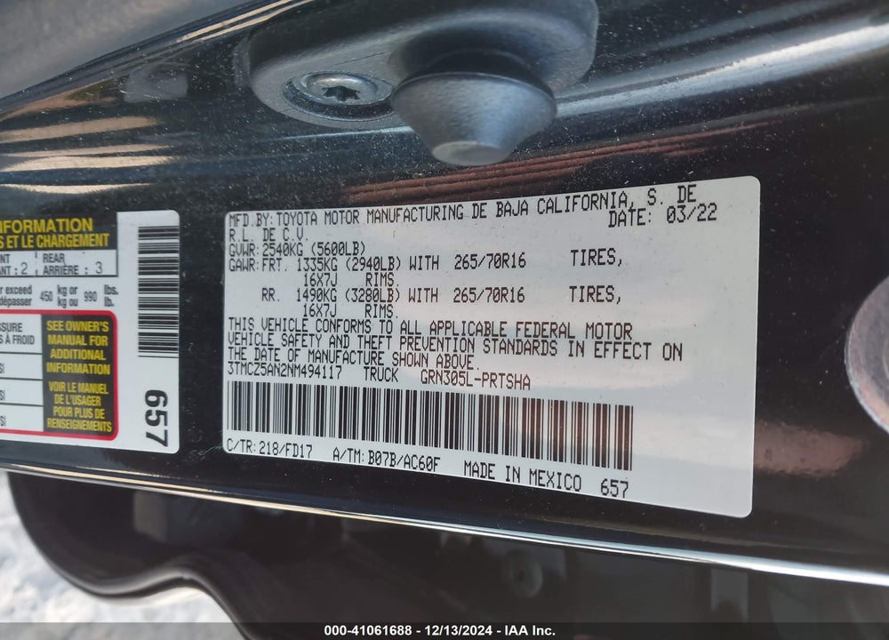 2022 TOYOTA TACOMA TRD OFF ROAD VIN: 3TMCZ5AN2NM494117