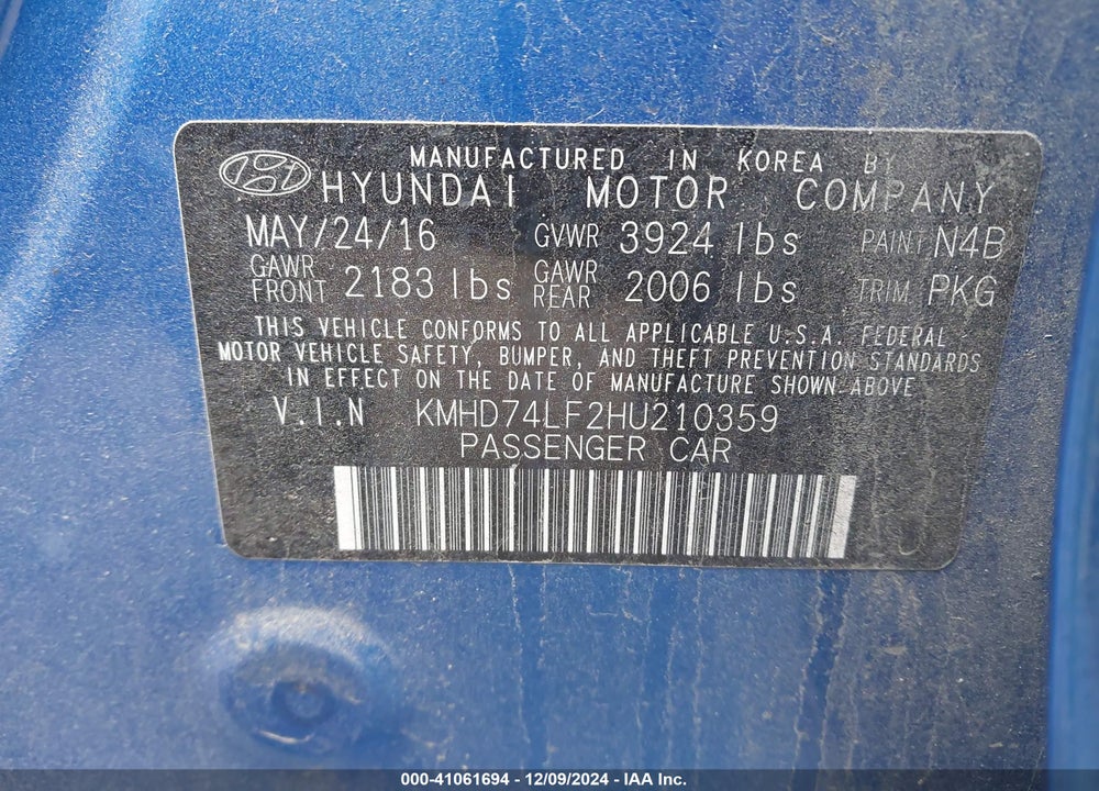 2017 HYUNDAI ELANTRA SE VIN: KMHD74LF2HU210359
