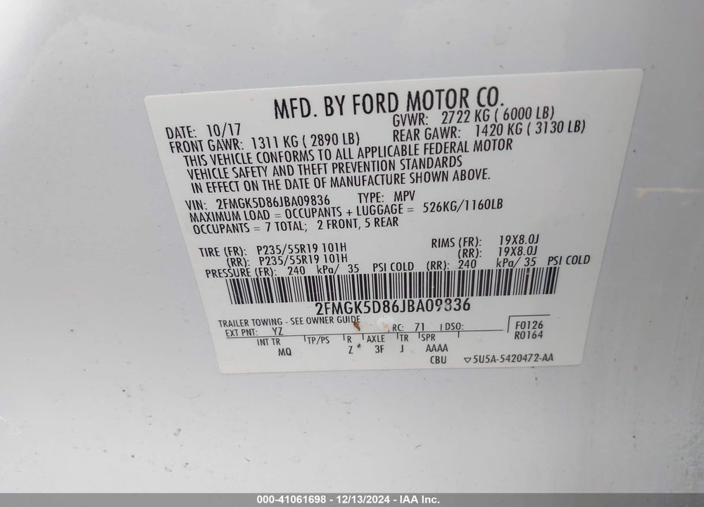 2018 FORD FLEX LIMITED VIN: 2FMGK5D86JBA09836