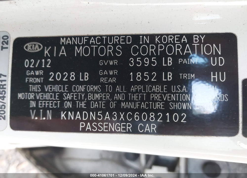 2012 KIA RIO5 SX VIN: KNADN5A3XC6082102