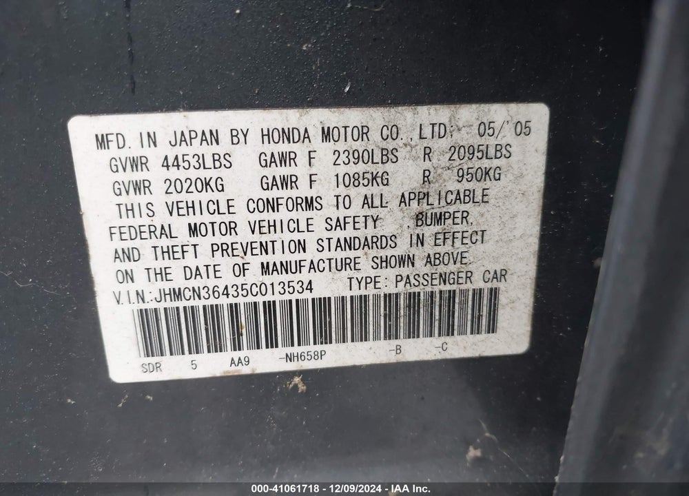 2005 HONDA ACCORD HYBRID IMA VIN: JHMCN36435C013534