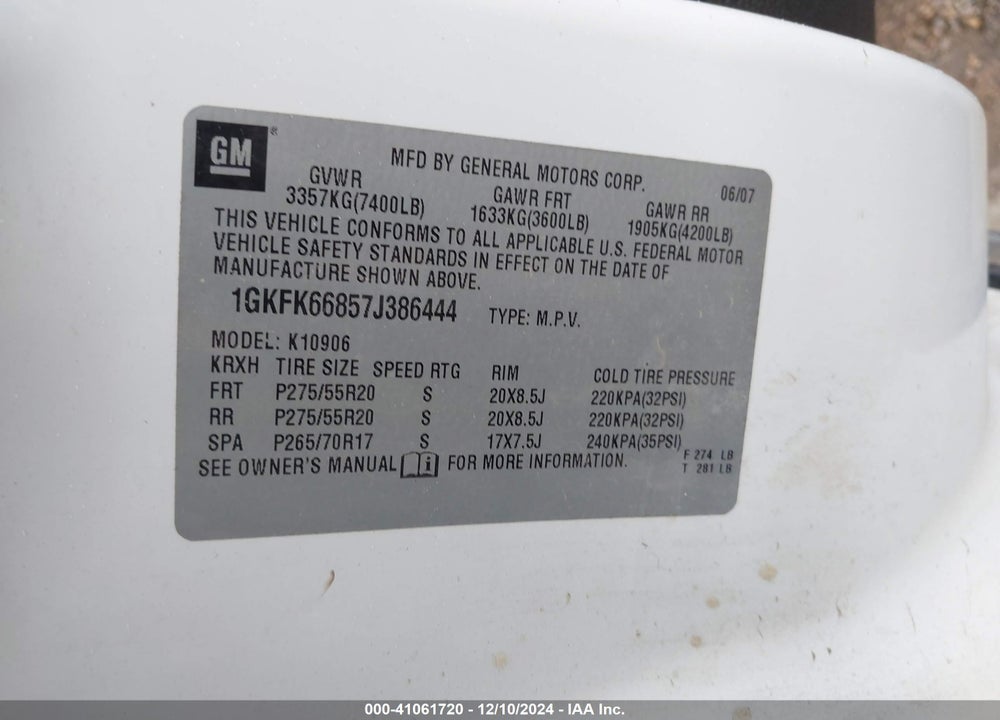 2007 GMC YUKON XL 1500 DENALI VIN: 1GKFK66857J386444