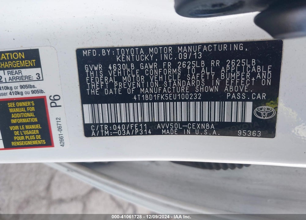 2014 TOYOTA CAMRY HYBRID LE VIN: 4T1BD1FK5EU100232