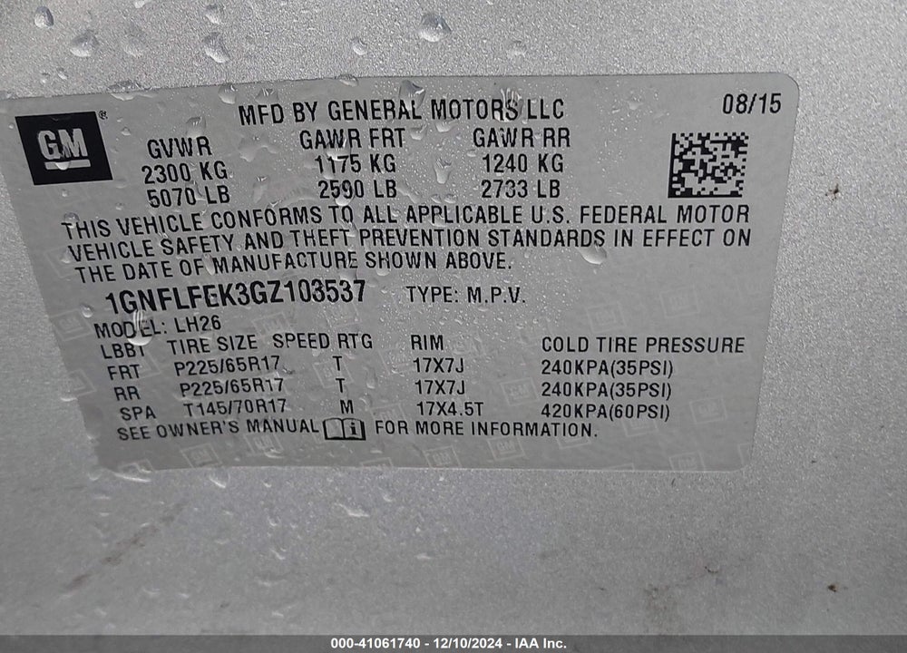 2016 CHEVROLET EQUINOX LT VIN: 1GNFLFEK3GZ103537