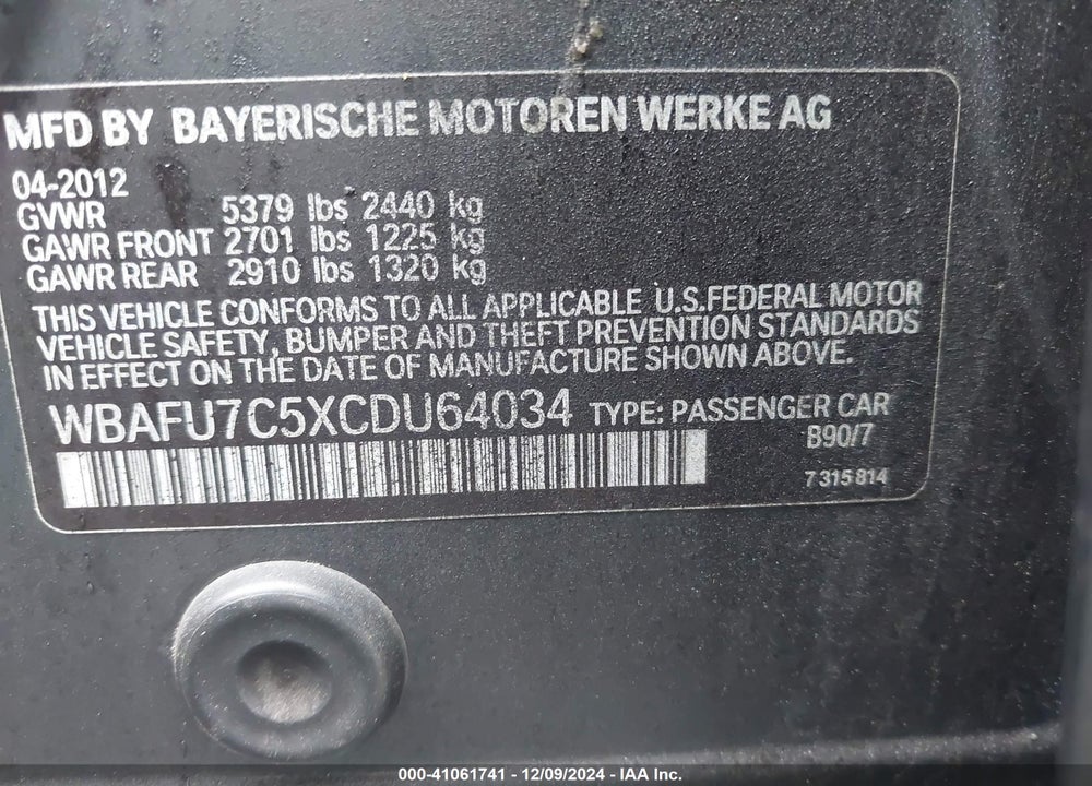 2012 BMW 535I VIN: WBAFU7C5XCDU64034