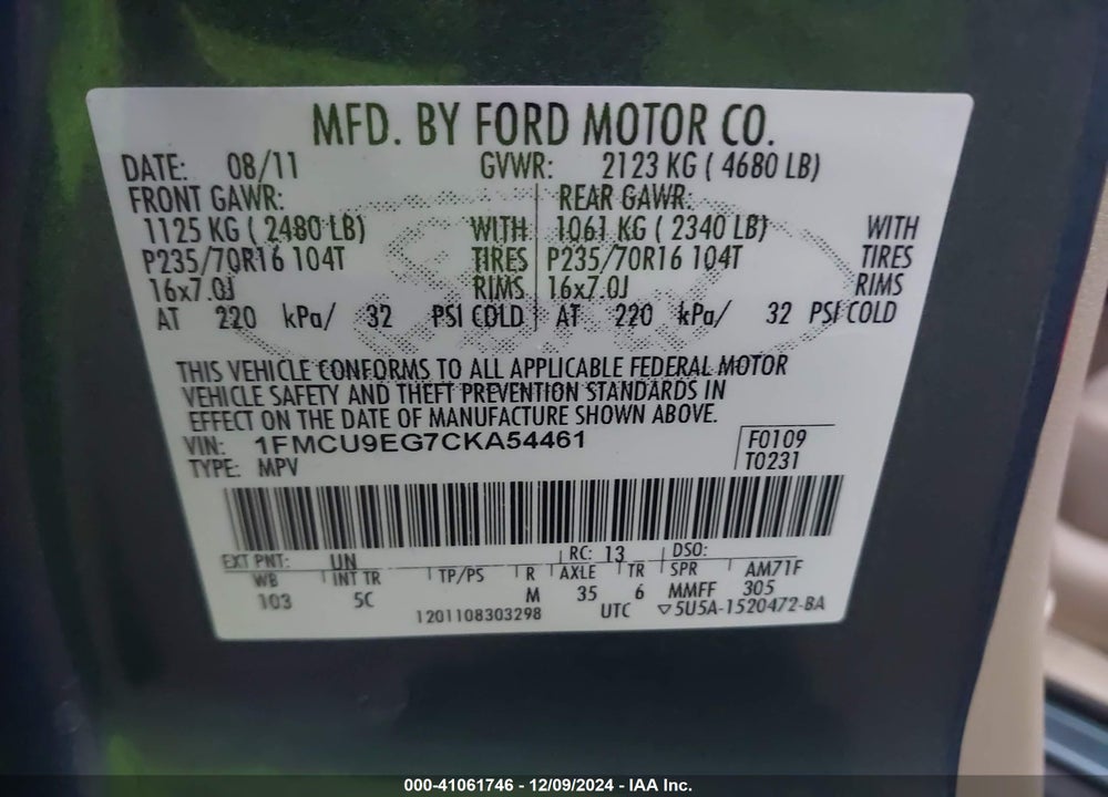 2012 FORD ESCAPE LIMITED VIN: 1FMCU9EG7CKA54461