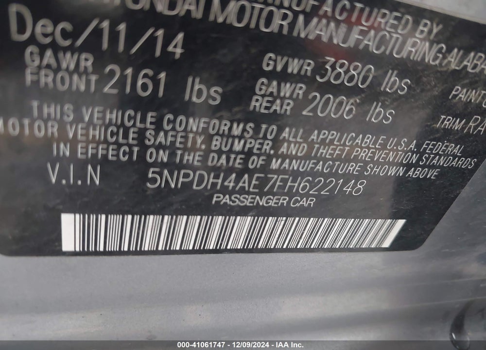 2015 HYUNDAI ELANTRA SE VIN: 5NPDH4AE7FH622148