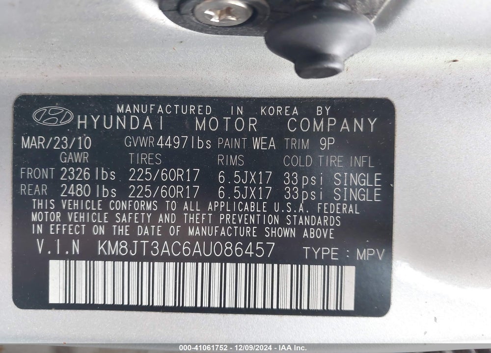 2010 HYUNDAI TUCSON GLS VIN: KM8JT3AC6AU086457