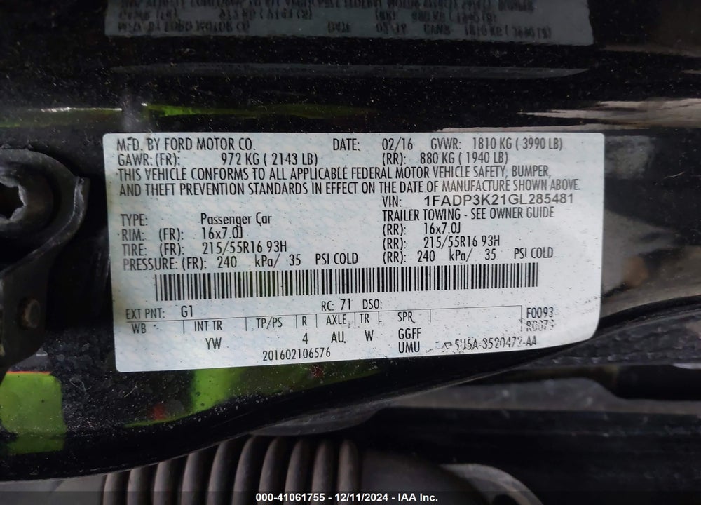 2016 FORD FOCUS SE VIN: 1FADP3K21GL285481
