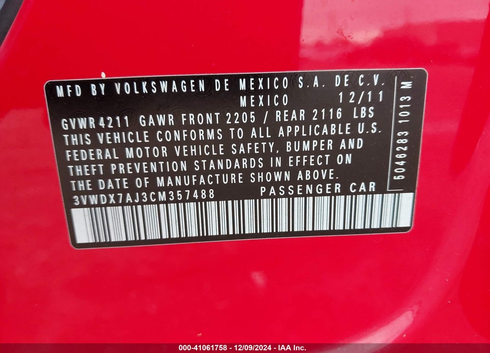 2012 VOLKSWAGEN JETTA 2.5L SE VIN: 3VWDX7AJ3CM357488