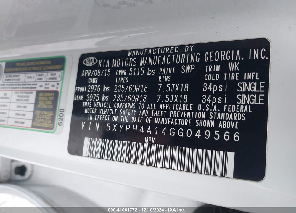 2016 KIA SORENTO 2.0T EX VIN: 5XYPH4A14GG049566