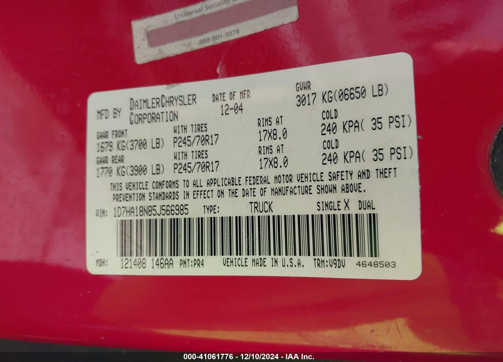 2005 DODGE RAM 1500 SLT/LARAMIE VIN: 1D7HA18N85J566985