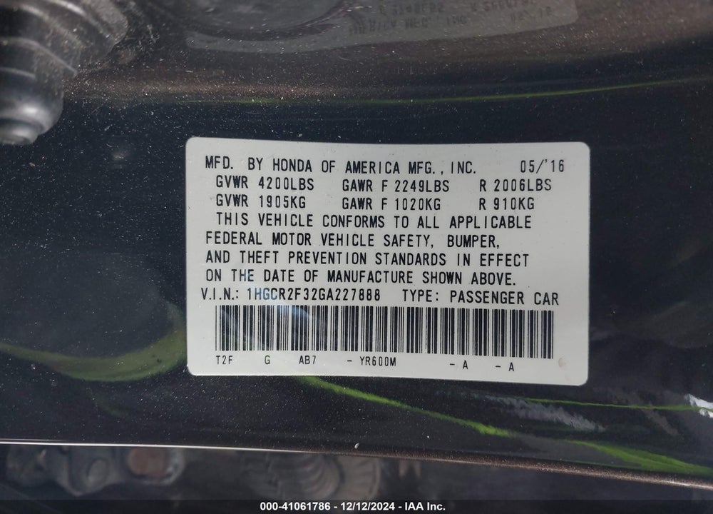 2016 HONDA ACCORD LX VIN: 1HGCR2F32GA227888