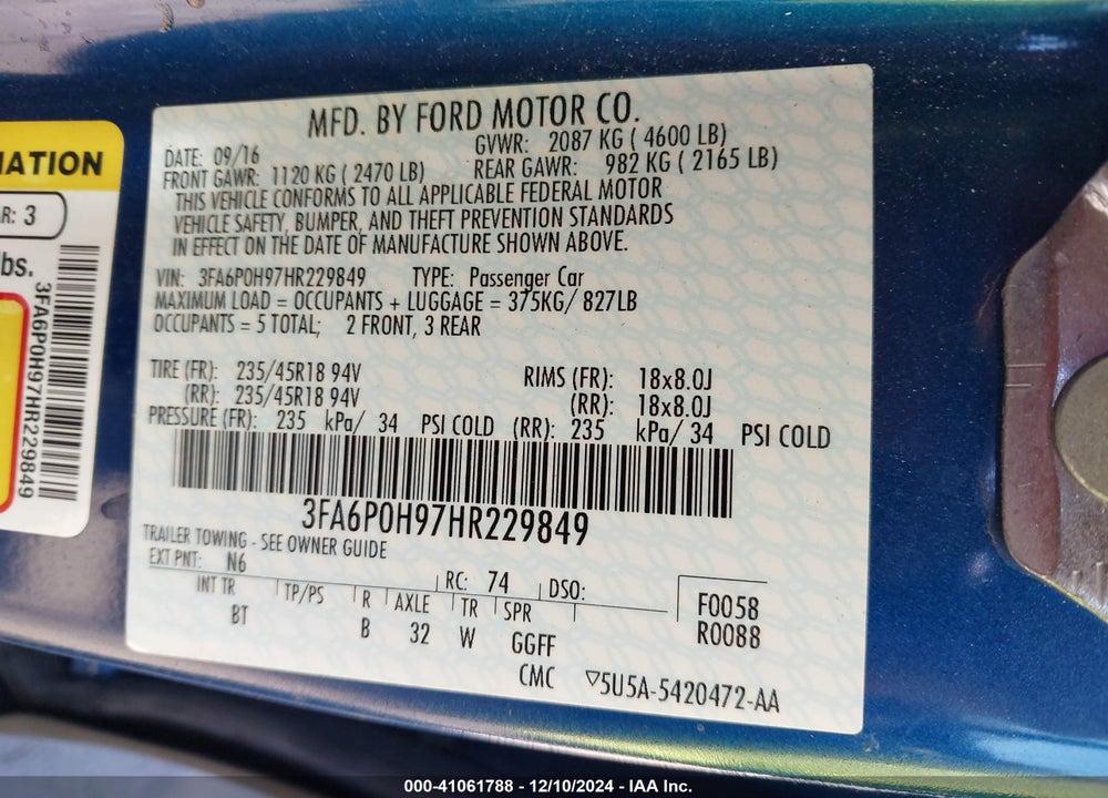 2017 FORD FUSION VIN: 3FA6P0H97HR229849