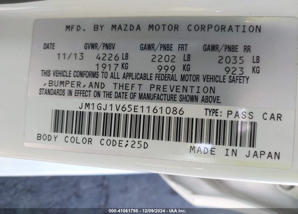 2014 MAZDA 6 I TOURING VIN: JM1GJ1V65E1161086